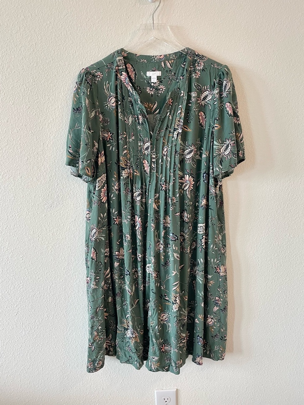 J. Jill Green Short Sleeve Paisley Pintuck Swing Dress L